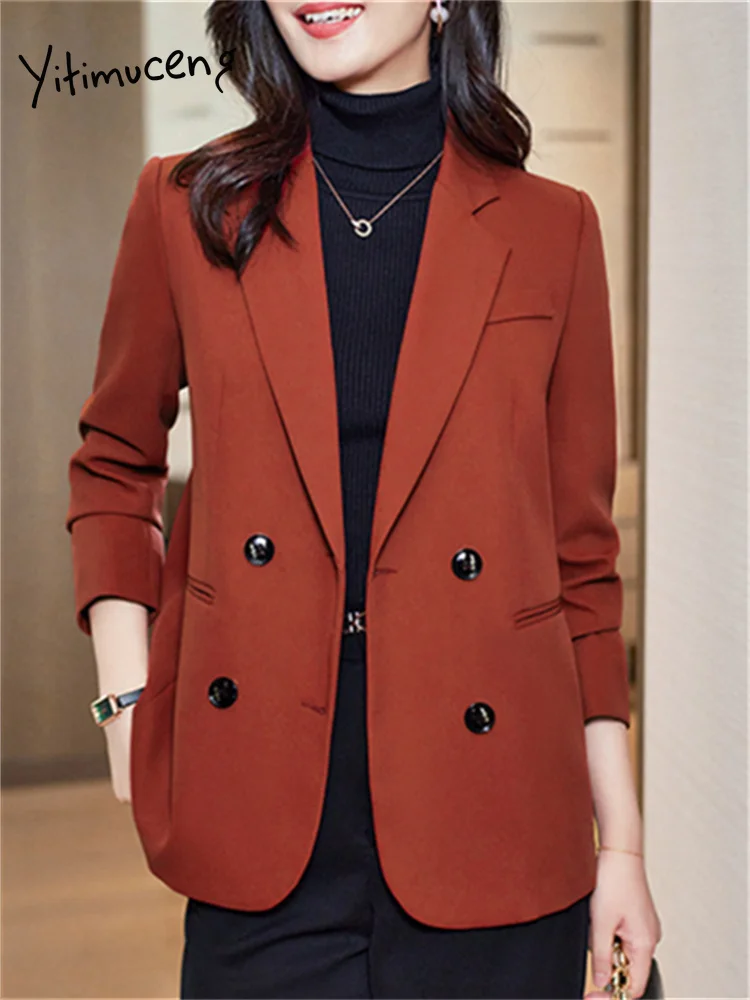 Yitimuceng Katı Blazers Kadınlar için 2024 Yeni Moda Uzun Kollu Kruvaze Palto Ofis Bayanlar Çentikli İnce Rahat Ceket